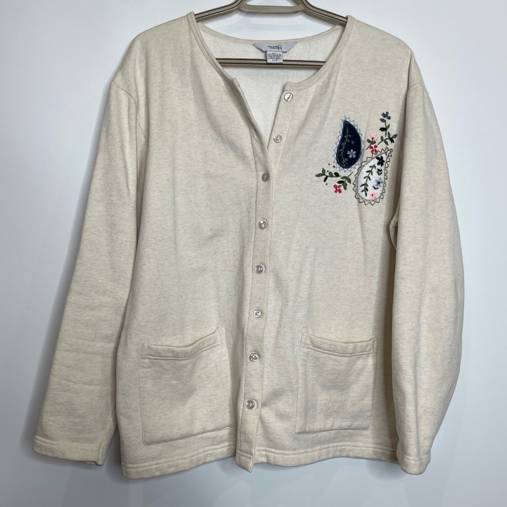 Vtg Northern Reflections Embroidered Cotton Button Up Cream Sweater Size Large